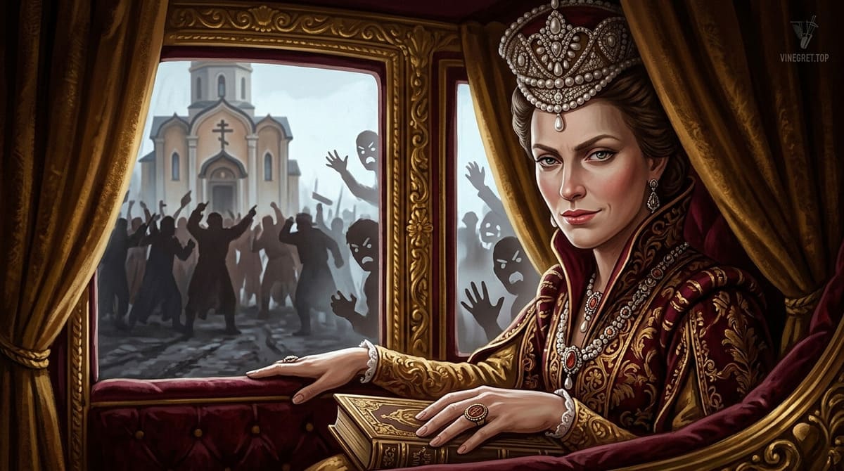 Княгиня Анна-Алоїза Острозька у розкішній кареті на фоні натовпу біля храму — ілюстрація до легенди Острозького замку.