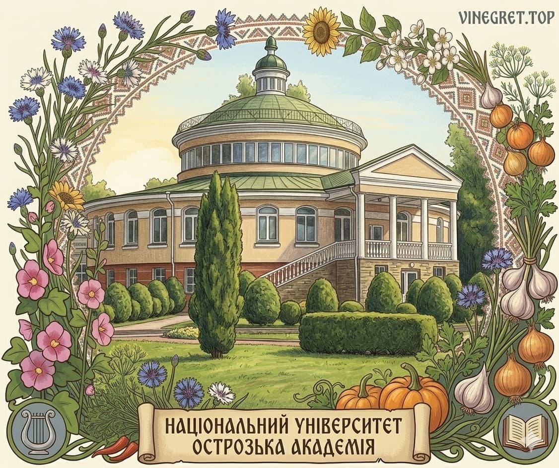 Стилізоване зображення сучасної будівлі Острозької академії в декоративній рамці з волошками, соняшниками та гарбузами для статті на VINEGRET.TOP.