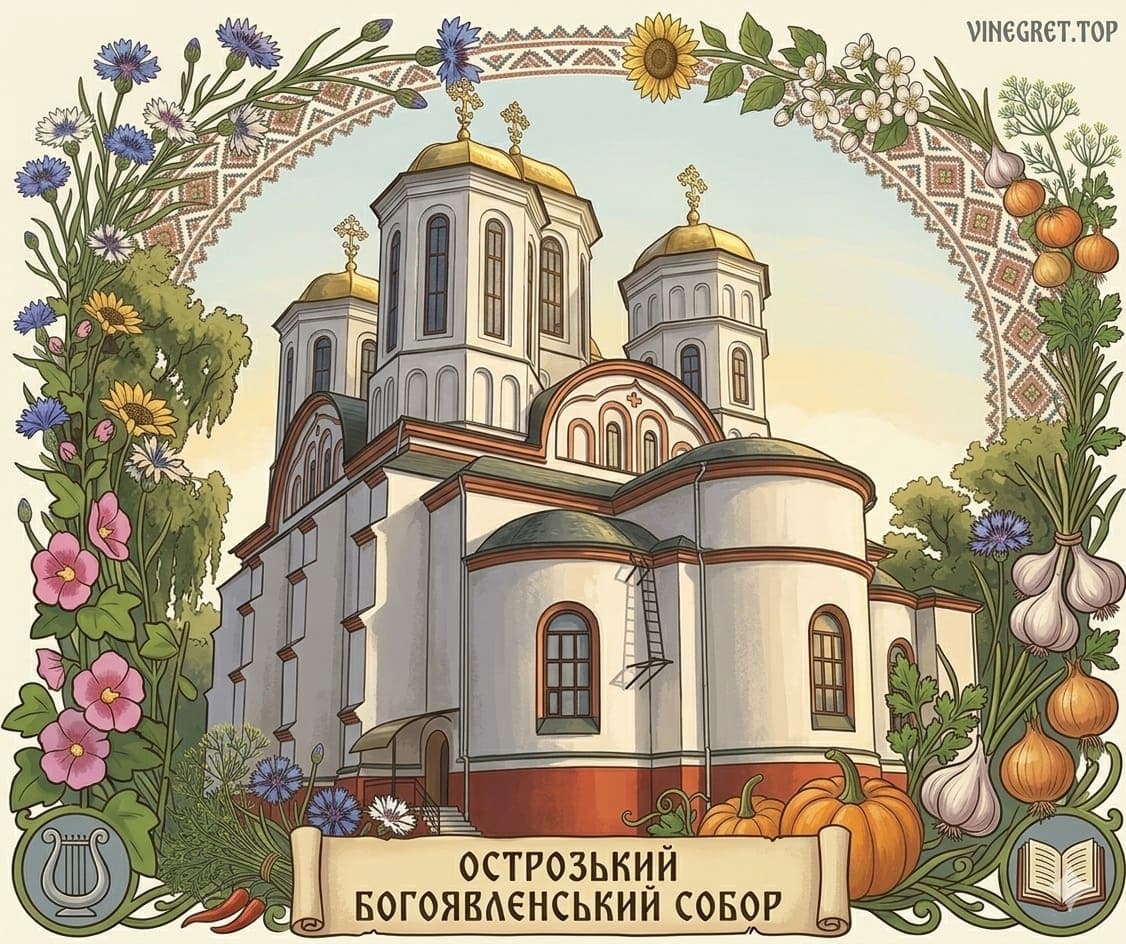 Авторська ілюстрація Богоявленського собору в Острозі з підписом на сувої, оточена традиційним українським декором та елементами вінегрету.