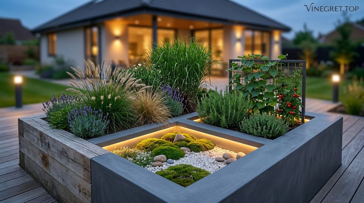 Приклад Foodscaping: колаж із їстівними та декоративними рослинами в сучасних боксах. VINEGRET.TOP.