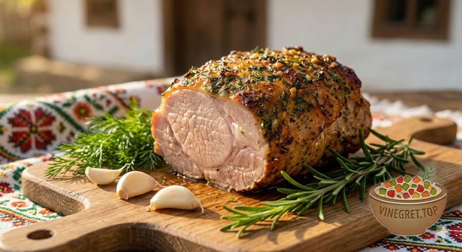 Рецепт приготування буженини Соковита домашня буженина в скоринці на дерев'яній дошці з часником та зеленню. VINEGRET.TOP.