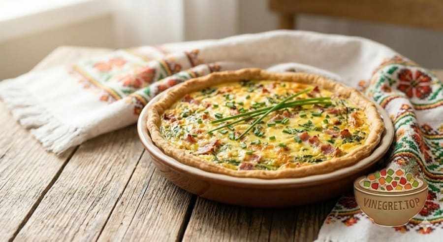 Рецепт лотарінгського сирного торта, кіш Апетитний Лотарінгський сирний торт (кіш) на дерев'яному столі з вишитим рушником. VINEGRET.TOP.