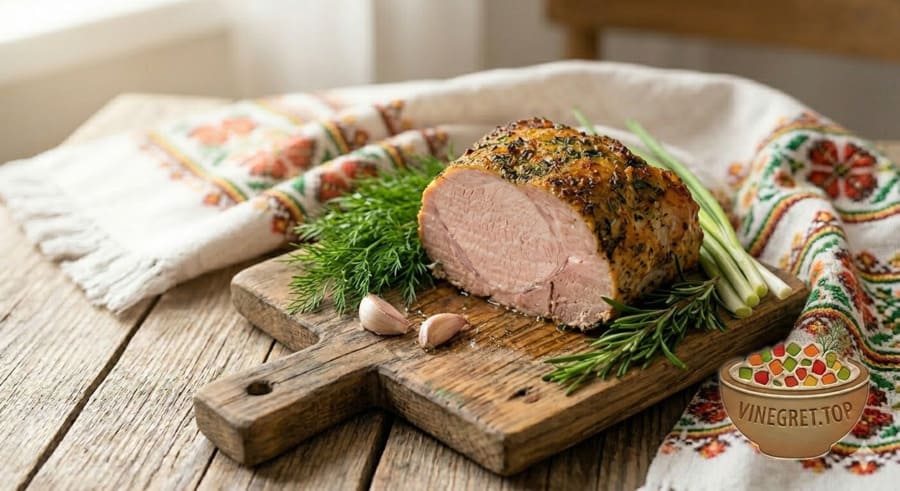 Рецепт м'яса в розсолі Соковита запечена шинка (м'ясо в розсолі) на дошці з часником та спеціями. VINEGRET.TOP.