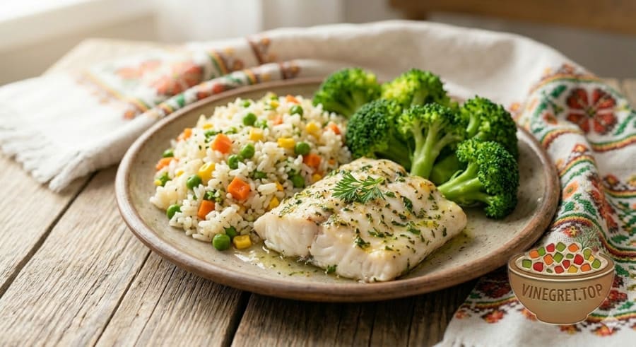 Риба з рисом та овочами Апетитна запечена риба під овочами з розсипчастим рисом на тарілці. VINEGRET.TOP.
