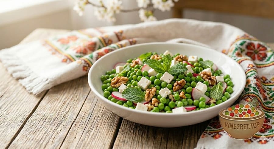 Салат з горошку і сиру Легкий весняний салат з горошку, сиру та свіжої зелені в білій мисці. VINEGRET.TOP.