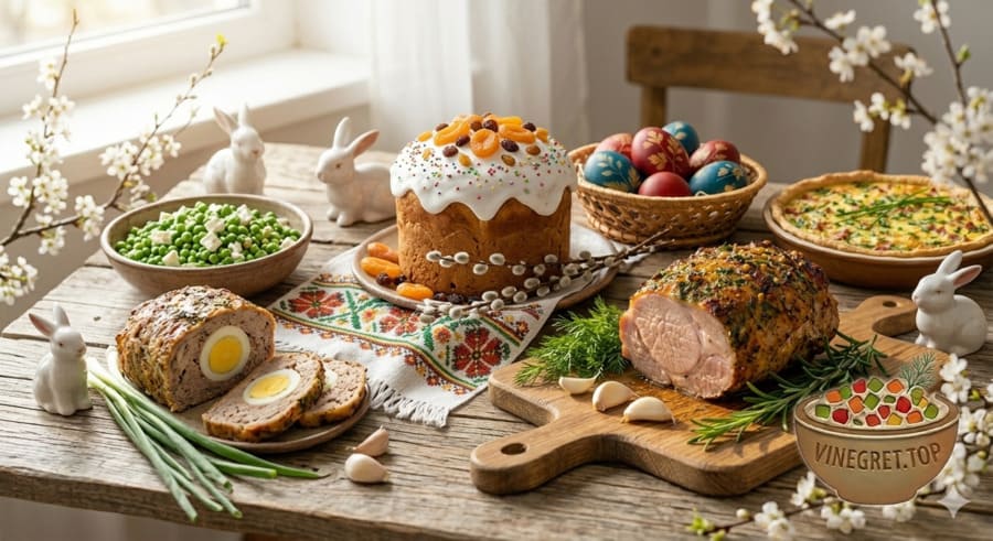 Святкове сервірування великоднього столу Пишний великодній стіл із паскою, крашанками, бужениною та весняними квітами. VINEGRET.TOP.