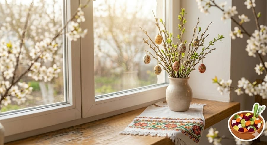 Великоднє дерево з гілочок Гілочки верби з декоративними писанками у вазі на підвіконні, bathed in sunlight. VINEGRET.TOP.