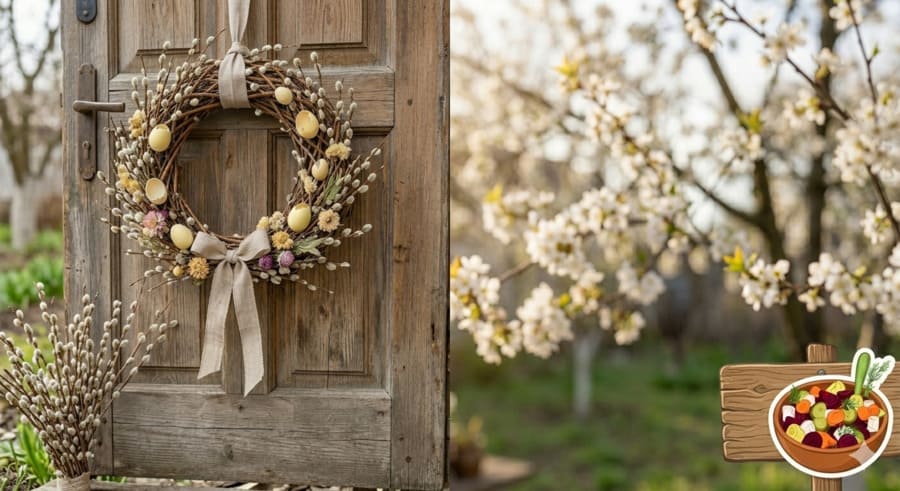 Великодній вінок на вхідні двері Весняний вінок із вербових гілок, писанок та сіна на старовинних дерев'яних дверях. VINEGRET.TOP.