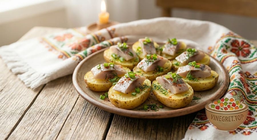 Закуска з оселедця в картоплі Оригінальна великодня закуска: оселедець у човниках із вареної картоплі з цибулею. VINEGRET.TOP.