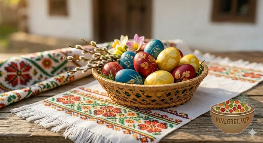 Натуральні барвники для великодніх яєць Плетений кошик із великодніми яйцями (крашанками), пофарбованими в цибулинні та куркумі, на рушнику. VINEGRET.TOP.