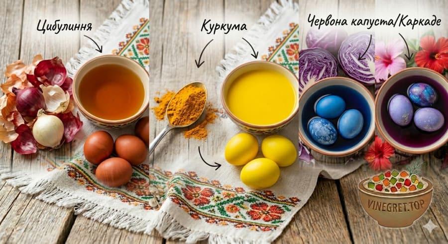 Колаж натуральних барвників: цибулиння, куркума, капуста та яйця, пофарбовані в них. VINEGRET.TOP.