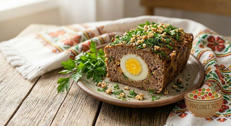 Запечений м'ясний хлібець «Парадний» у розрізі, з яйцем усередині та зеленню. VINEGRET.TOP.