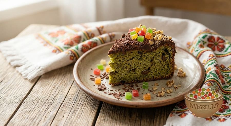 Смачна сирна шоколадна паска на тарілці, прикрашена шоколадною стружкою та цукатами. VINEGRET.TOP.