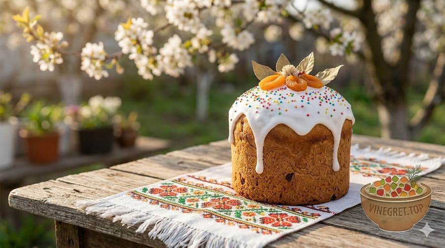Апетитна традиційна великодня паска з білою глазур'ю та кольоровою посипкою на вишитому рушнику. VINEGRET.TOP.