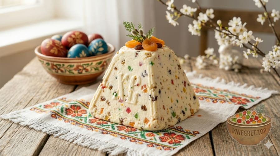 Домашня сирна паска: покрокові поради Біла сирна паска у формі піраміди з цукатами та горіхами на старовинному дерев'яному столі. VINEGRET.TOP.