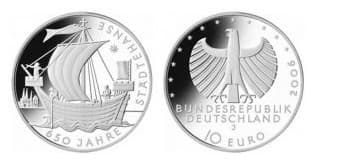 Німеччина, 10 євро на честь Ганзейського союзу із зображенням когга.