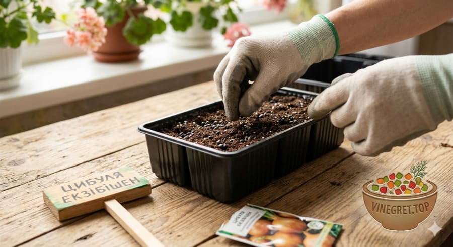 Посів насіння цибулі Ексібішен Руки в рукавичках сіють насіння цибулі Ексібішен у ґрунт. VINEGRET.TOP