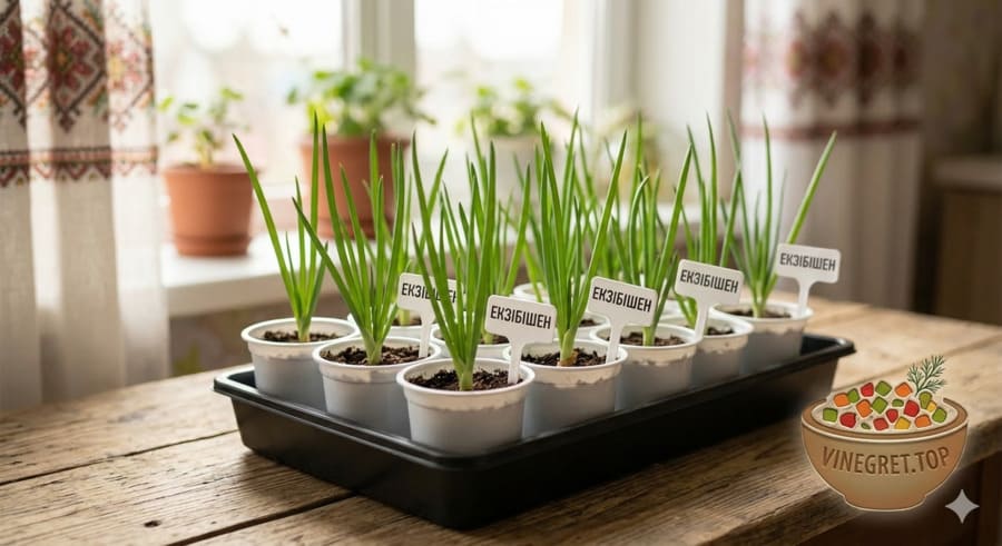 Розсада цибулі Ексібішен в білих горщиках Молода зелена розсада цибулі Ексібішен у білих горщиках на підвіконні.