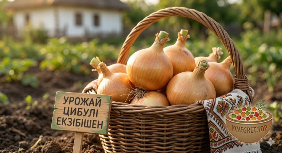 Урожай великої цибулі Ексібішен. Велика золотиста цибуля Ексібішен у плетеному кошику з вишитим рушником.