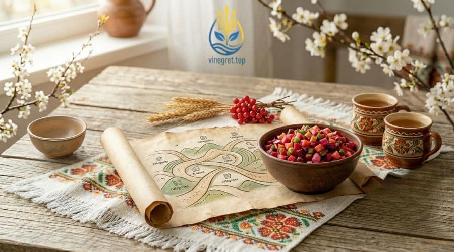 Глиняна миска з вінегретом та старовинна мапа на столі з вишитим рушником. VINEGRET.TOP.