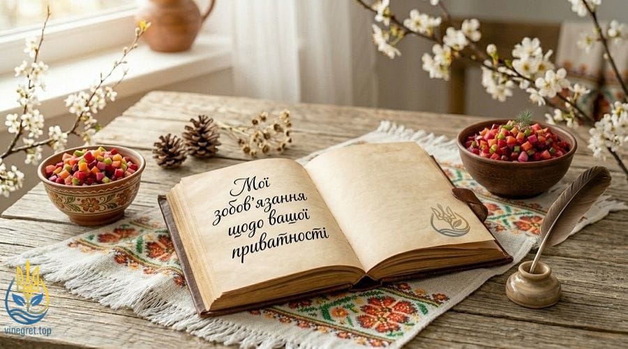 Старовинна книга з пером, глиняна миска з вінегретом та вишитий рушник на дерев'яному столі. VINEGRET.TOP.