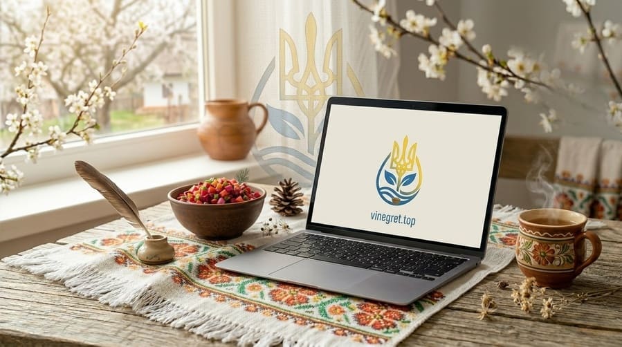 Робочий стіл автора блоґу біля вікна: ноутбук, глиняна кружка та вінегрет на вишитому рушнику. VINEGRET.TOP.