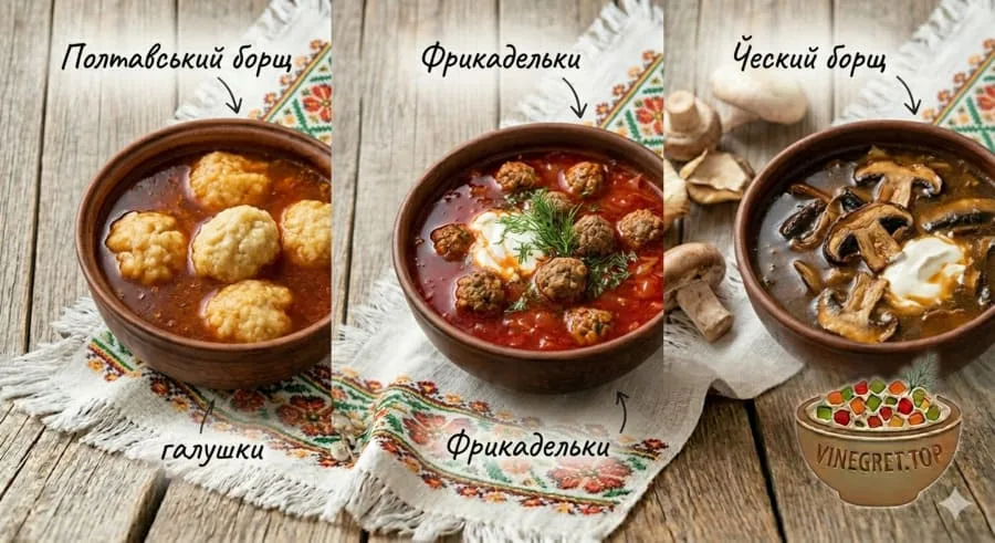 Колаж із інгредієнтами для борщу: м'ясні фрикадельки, полтавські галушки та сушені гриби. VINEGRET.TOP.