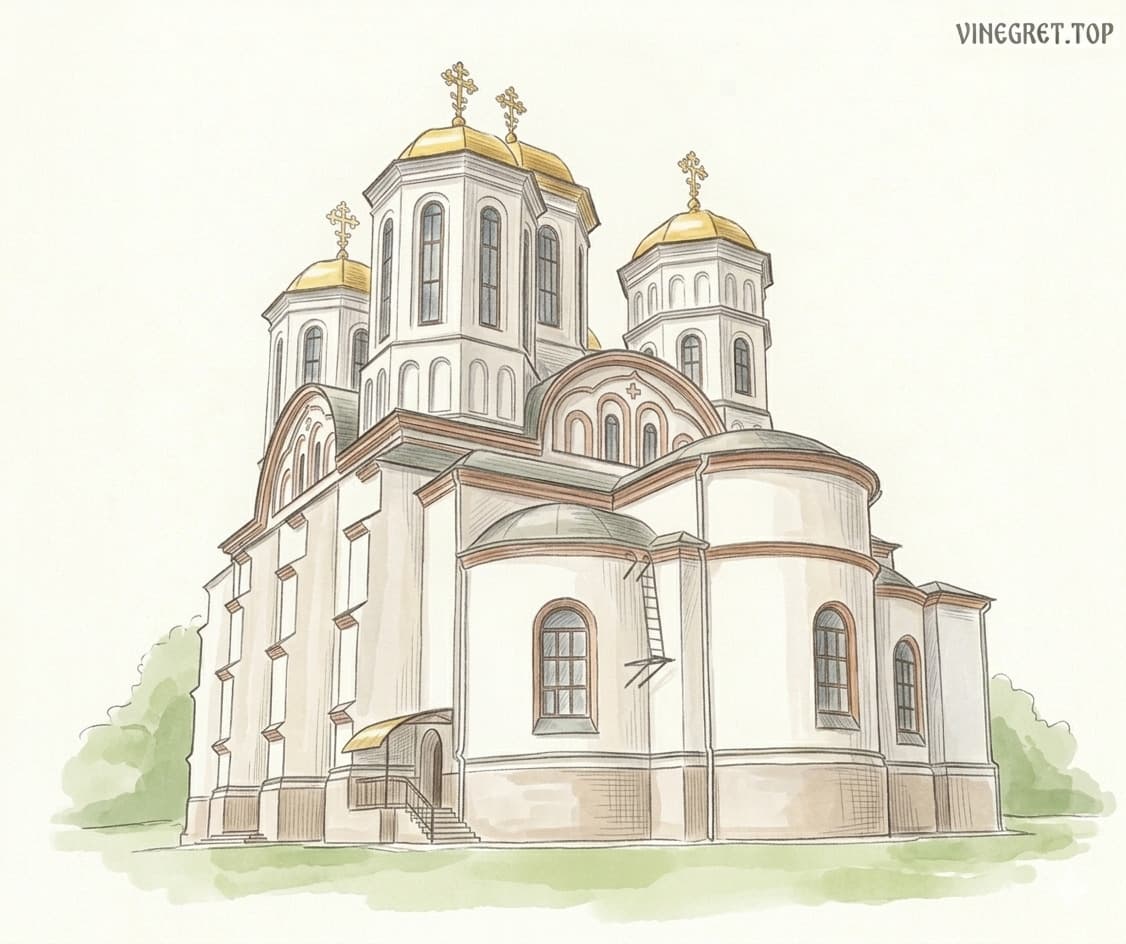 Богоявленський собор в Острозі: фундація великого гетьмана Костянтина Острозького Акварельна ілюстрація Богоявленського собору в Острозі на світлому фоні — архітектурна спадщина князя Костянтина Острозького.