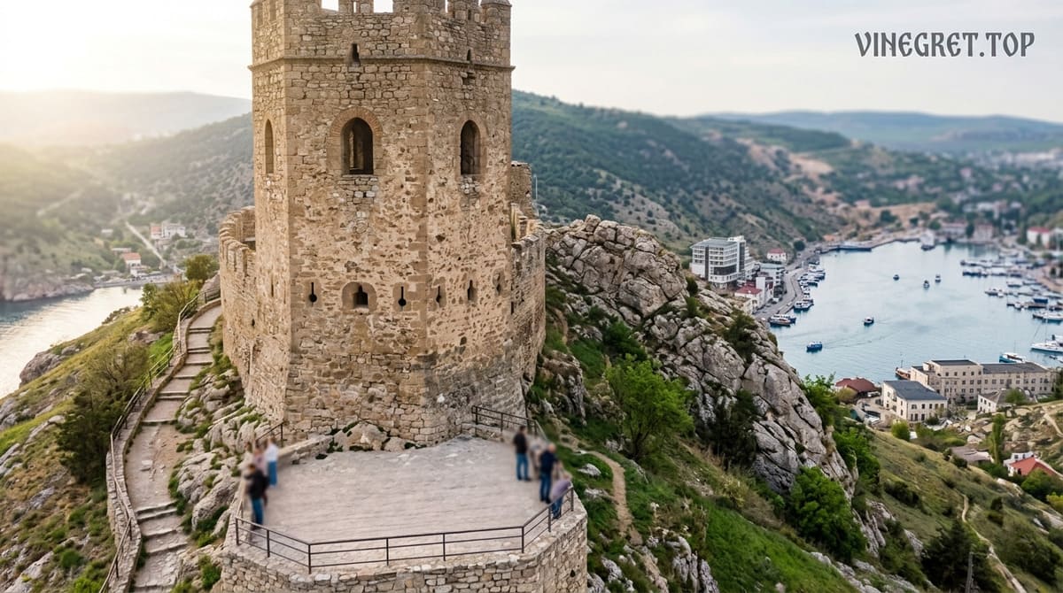 Вежа Бернабо Грілло фортеці Чембало: історичний маяк і оглядовий майданчик крупним планом.