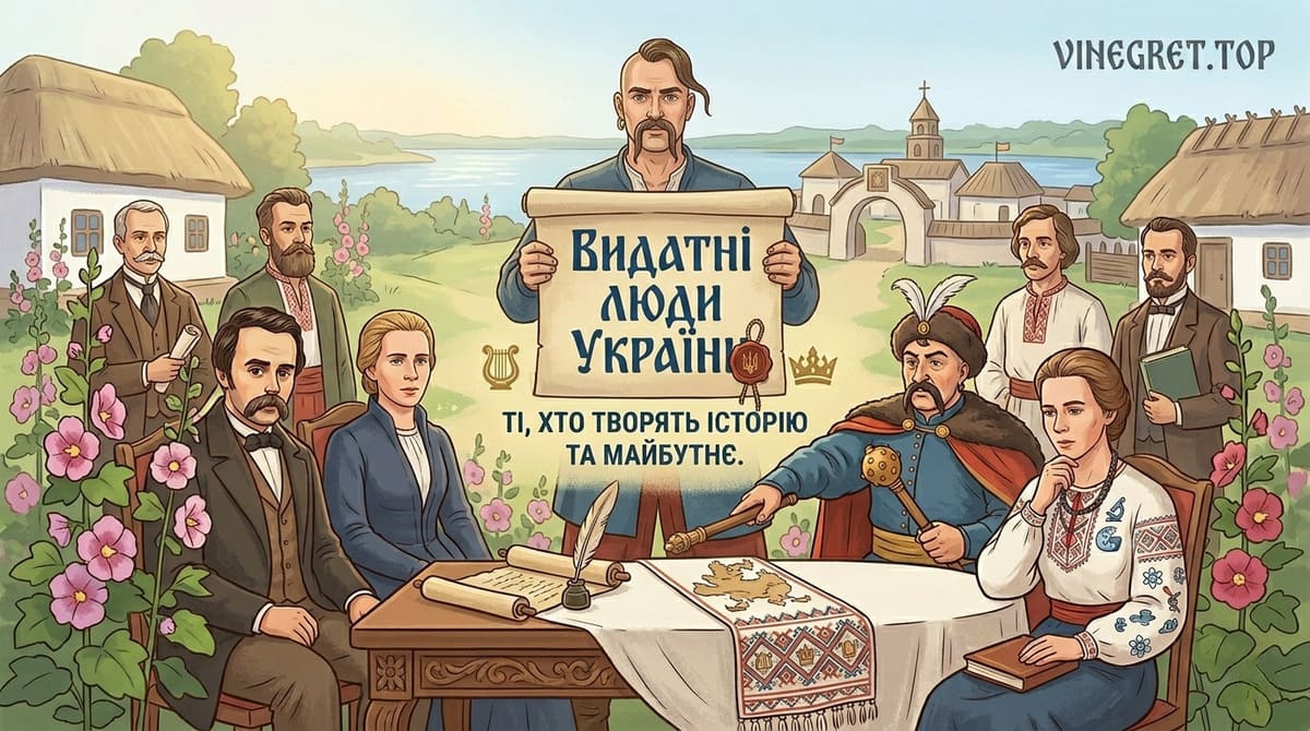 Рубрика: Видатні люди України — постаті, що творять історію. Бравий козак із сувоєм «Видатні люди України» в оточенні історичних постатей на фоні українського пейзажу для VINEGRET.TOP.